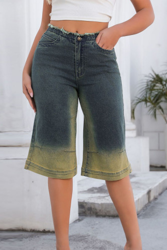 Tintengrüne, lässige Vintage-Farbverlaufs-Jeansshorts mit Patchwork-Tasche, Knöpfen, Reißverschluss und mittlerer Taille