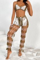 Khaki Sexy Patchwork Bandage Hollowed Out Backless Contrast Sleeveless Knit Rib Two Pieces Halter Crochet Fishnet Lace Up Bra Crop Tops And Pants Sets