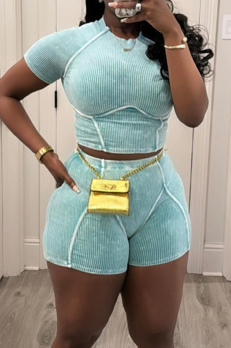 Cyan Casual Solid Patchwork O Neck Short Sleeve Two Pieces Crop Tops And Shorts Set