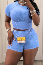 Blue Casual Solid Patchwork O Neck Short Sleeve Two Pieces Crop Tops And Shorts Set