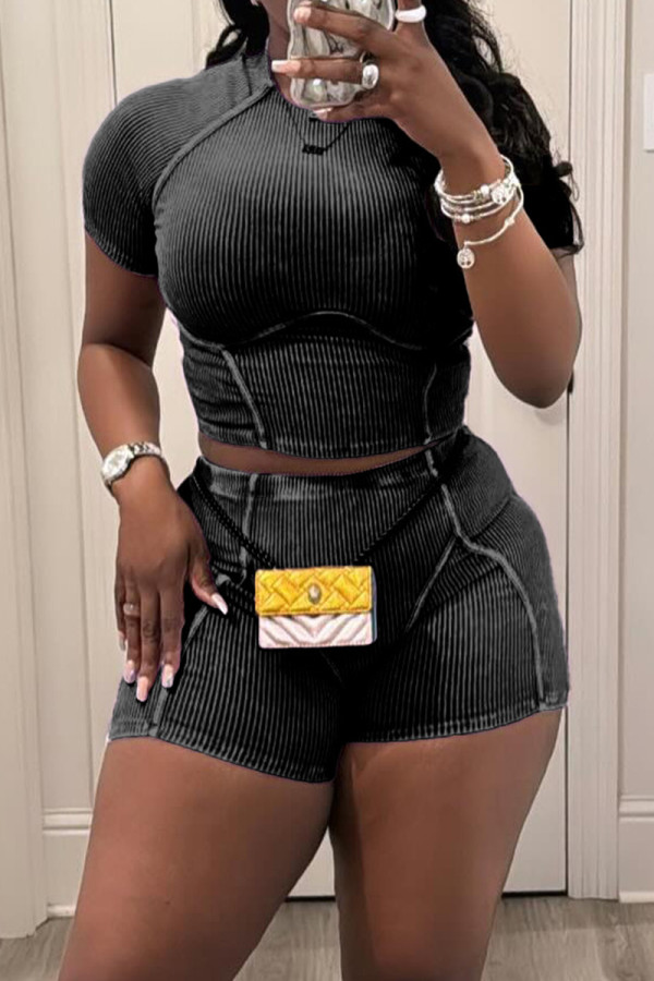 Black Gray Casual Solid Patchwork O Neck Short Sleeve Two Pieces Crop Tops And Shorts Set