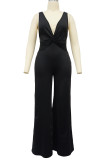 Black Sexy Solid Patchwork Fold V Neck Loose Jumpsuits