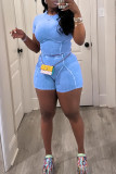 Cyan Casual Solid Patchwork O Neck Short Sleeve Two Pieces Crop Tops And Shorts Set