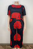 Black Casual Print Patchwork O Neck Plus Size Two Pieces