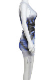 Blue Street Print Bandage Patchwork Fold O Neck Wrapped Skirt Dresses