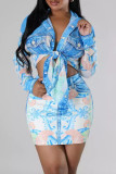 Blue Elegant Print Patchwork Buckle Turndown Collar Long Sleeve Two Pieces