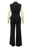 Black Street Solid Patchwork Buttons Turn-back Collar Sleeveless Two Pieces
