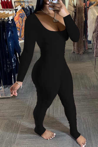 Black Sexy Solid Patchwork U Neck Skinny Jumpsuits