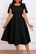 Zwarte elegante effen patchwork rits O-hals A-lijn jurken