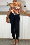 Yellow Street Print Patchwork Slit Fold O Neck T-Shirts