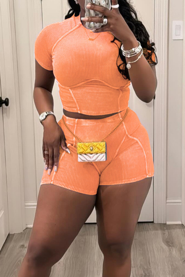 Orange Casual Solid Patchwork O Neck Short Sleeve Two Pieces Crop Tops And Shorts Set