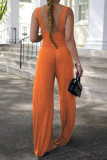 Tangerine Red Sexy Solid Patchwork Fold V Neck Loose Jumpsuits