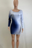Blue Street Gradient Patchwork V Neck Wrapped Skirt Dresses