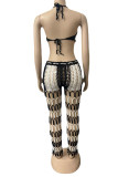 Black Sexy Patchwork Bandage Hollowed Out Backless Contrast Halter Sleeveless Two Pieces