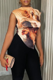 Yellow Street Print Patchwork Slit Fold O Neck T-Shirts