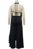 White Street Solid Patchwork Pocket High Opening O Neck Sleeveless Two Pieces Lace Up Long Top Wide Leg Pants