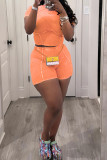 Orange Casual Solid Patchwork O Neck Short Sleeve Two Pieces Crop Tops And Shorts Set