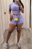Purple Casual Solid Patchwork O Neck Short Sleeve Two Pieces Crop Tops And Shorts Set