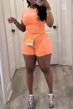 Orange Casual Solid Patchwork O Neck Short Sleeve Two Pieces Crop Tops And Shorts Set