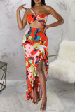 Red Sexy Print Patchwork High Opening Halter Sleeveless Two Pieces