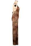 Leopard Print Elegant Leopard Bandage Patchwork Backless Halter Loose Jumpsuits