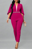 Rose Red Sexy Solid Patchwork Pocket Asymmetrical Collar Regular Jumpsuits