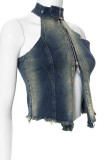 Blue Sexy Street Gradient Make Old Patchwork Backless Zipper Halter Tops