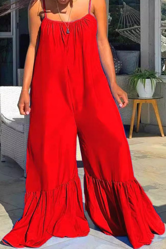 Red Daily Solid Patchwork Backless Fold Spaghetti Strap Sling Plus Size Jumpsuits