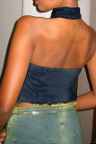 Blue Sexy Street Gradient Make Old Patchwork Backless Zipper Halter Tops