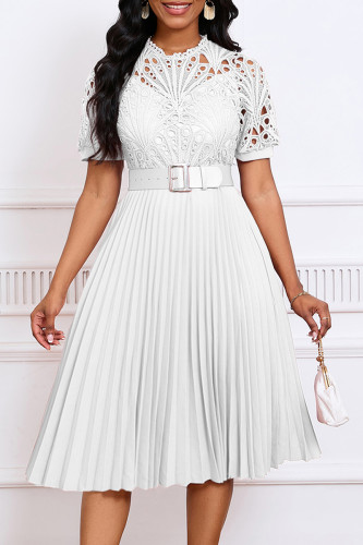 White Elegant Solid Hollowed Out Patchwork With Belt Pleated O Neck A Line Dresses