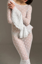 Белые сексуальные однотонные кружевные лоскутные прозрачные платья-русалка с круглым вырезом и трубой