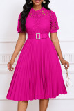Pink Elegant Solid Hollowed Out Patchwork With Belt Pleated O Neck A Line Dresses