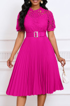 Rozerode elegante effen uitgeholde patchwork met riem geplooide O-hals A-lijn jurken