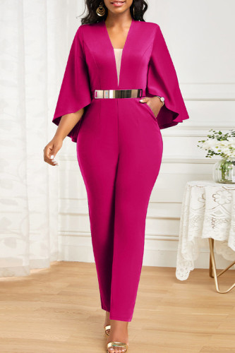 Rose Red Sexy Solid Patchwork Pocket Asymmetrical Collar Regular Jumpsuits