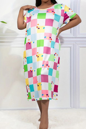 Multicolor Casual Xadrez Love Print Patchwork O Neck Straight Vestidos Plus Size