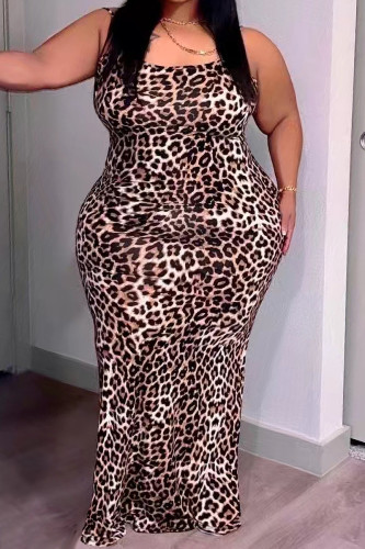Estampado de leopardo Calle Patchwork de leopardo Correa espagueti Sling Vestidos de talla grande