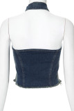 Blue Sexy Street Gradient Make Old Patchwork Backless Zipper Halter Tops