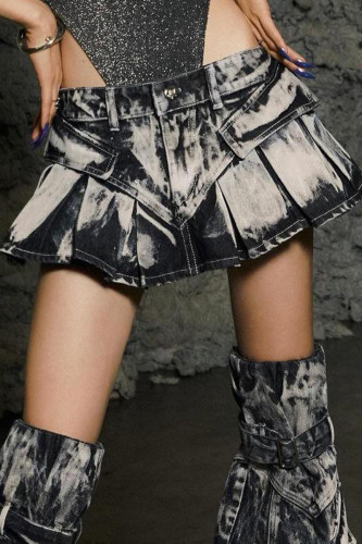 Grey Street Gradient Make Old Patchwork Buttons Zipper Mid Waist Boot Cut Denim Skirts