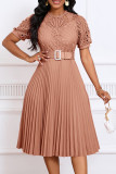 Rose Brown Elegant Solid Hollowed Out Patchwork With Belt Pleated O Neck A Line Dresses