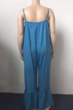 Blue Daily Solid Patchwork Backless Fold Spaghetti Strap Sling Plus Size Jumpsuits