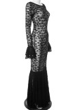 Black Sexy Solid Lace Patchwork See-through O Neck Trumpet Mermaid Dresses