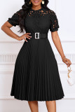 Black Elegant Solid Hollowed Out Patchwork With Belt Pleated O Neck A Line Dresses