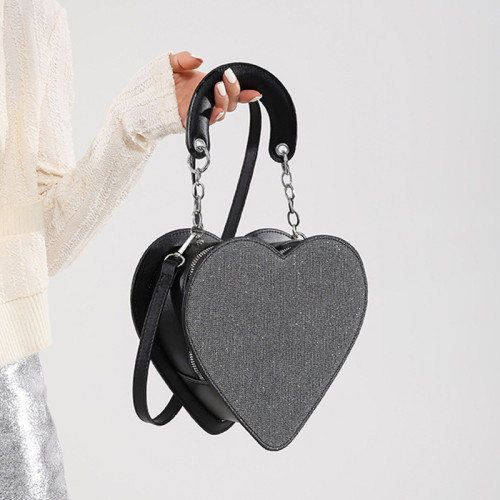 Серебристо-черные повседневные лоскутные сумки на молнии в форме сердца