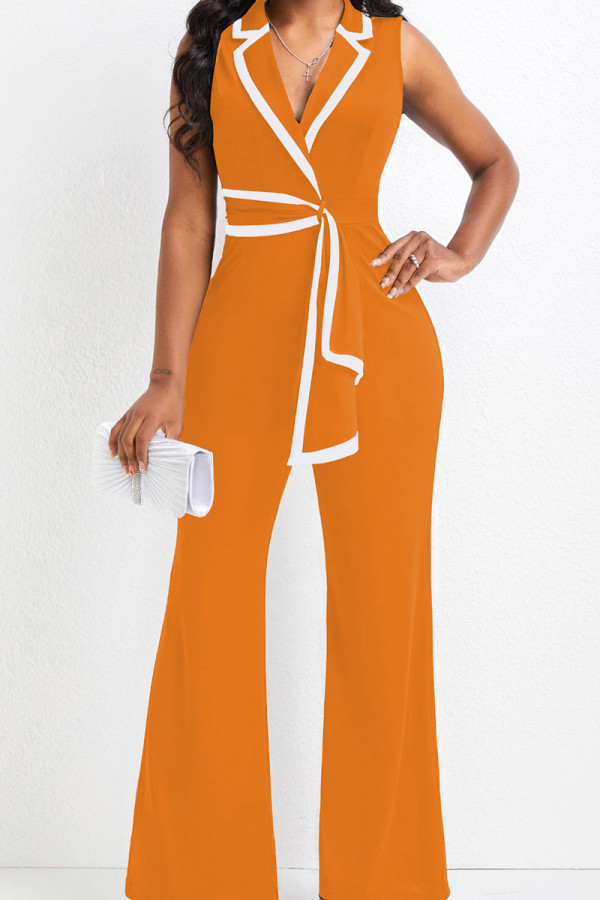 Orange Casual Bandage Patchwork V Neck Regular Flare Leg Front Tie Jumpsuits