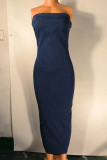 Blue Sexy Gradient Patchwork Slit Zipper Sleeveless Regular Strapless Jeans Dress Denim Dresses