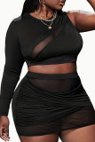 Black Sexy Solid Patchwork See-through Fold O Neck Plus Size Two Pieces