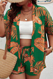 Green Casual Print Patchwork Draw String Pocket Cardigan Collar Plus Size Two Pieces