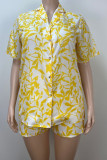 Yellow Casual Print Patchwork Buckle Shirt Collar Plus Size Two Pieces