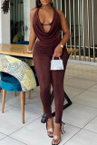 Dark Brown Street Solid Bandage Hollowed Out Patchwork Fold V Neck Sleeveless Two Pieces