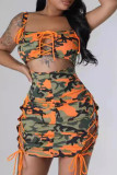 Army Green Sexy Street Camouflage Print Hollowed Out Patchwork Cross Straps Square Collar Wrapped Skirt Dresses